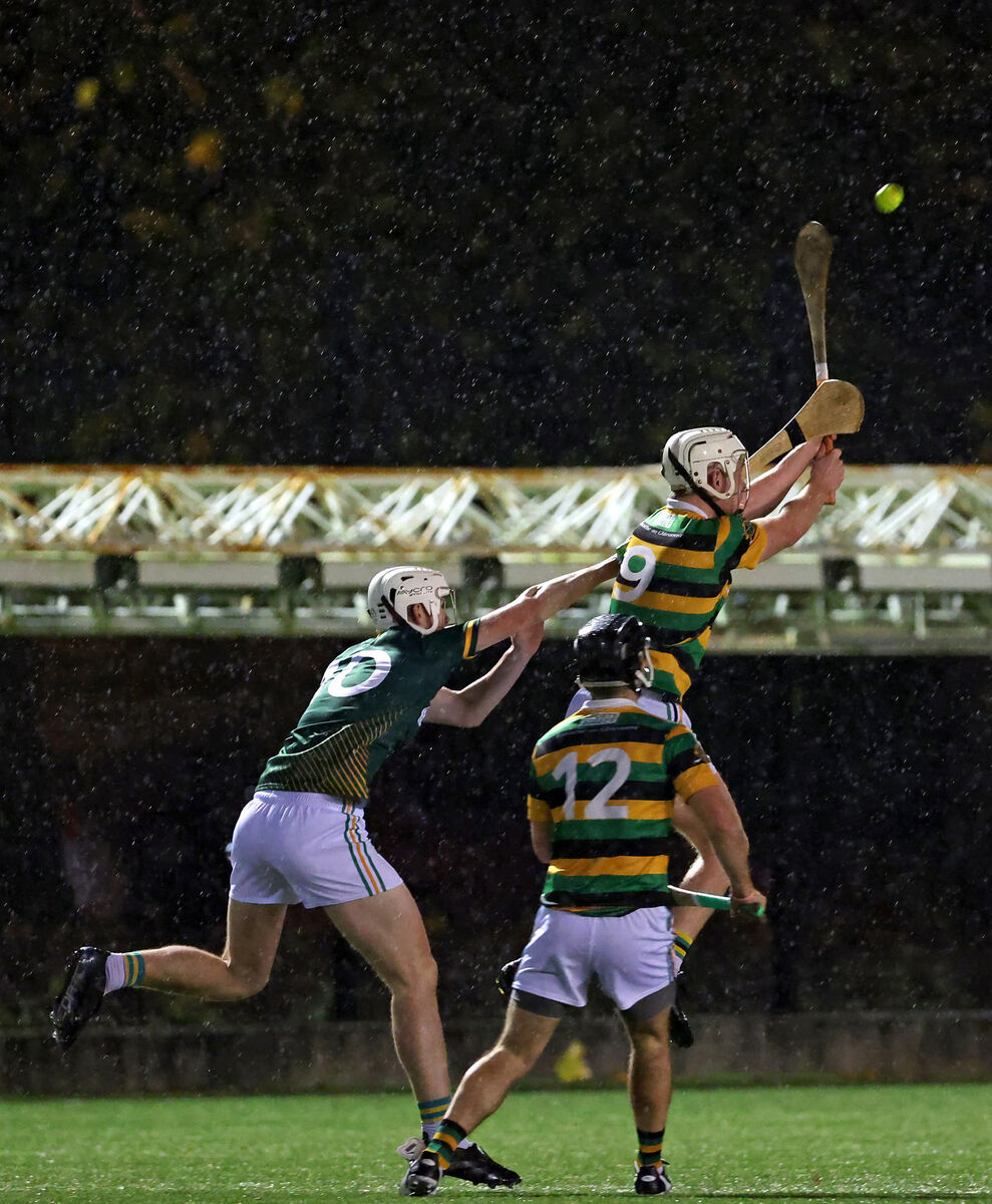 Shane O'Shaughnessy, Blackrock, contests the dropping ball with Rhys Dunne and Fiachra O'Driscoll, Glen Rovers. Picture: Jim Coughlan. Shane O'Shaughnessy, Blackrock, contests the dropping ball with Rhys Dunne and Fiachra O'Driscoll, Glen Rovers. Picture: Jim Coughlan.
