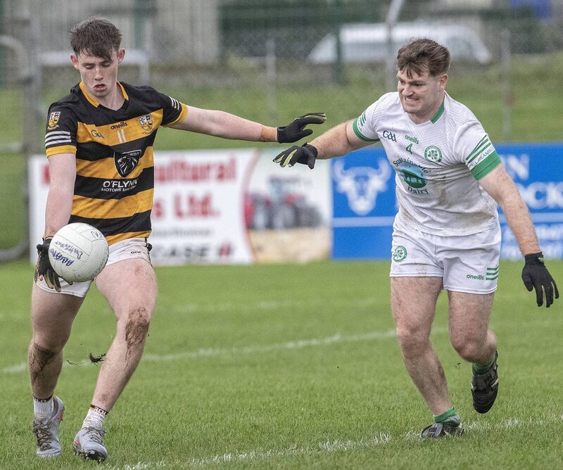 Buttevant's David Hanlon about to score his side's third goal against Shamrocks. Picture: Sean Byrne