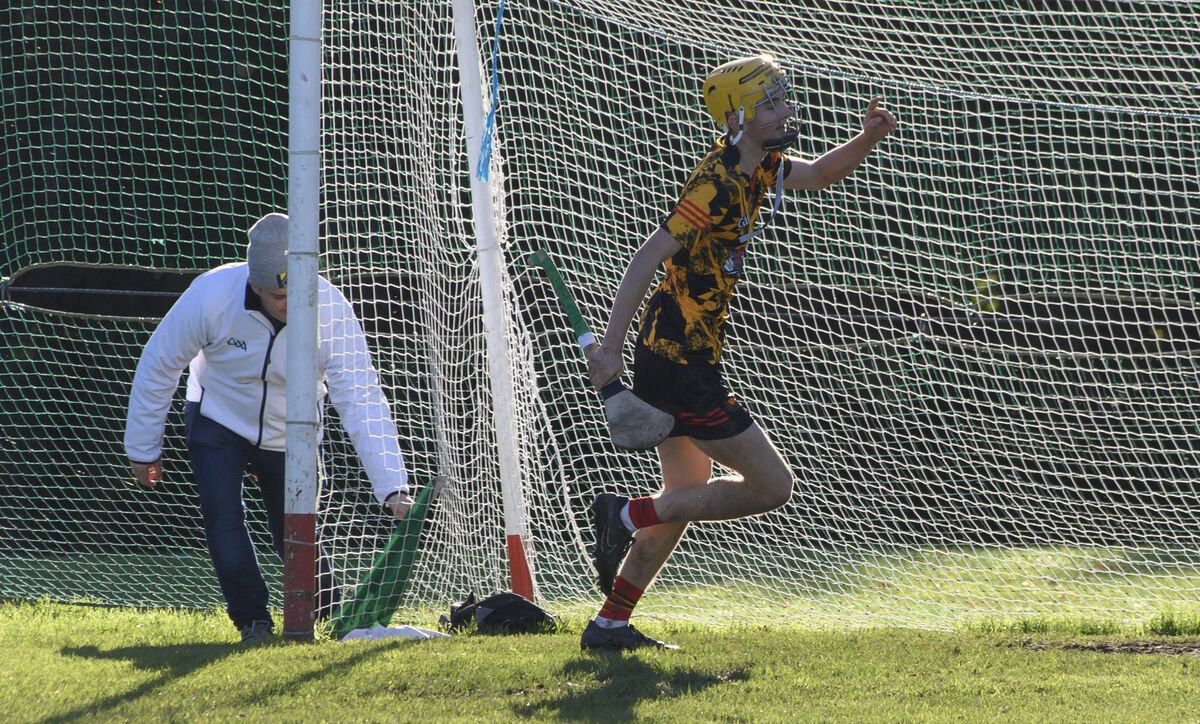 Tom Huggins, CBC, Cork celebrates his goal against CBC, Thurles in the TUS Dean Ryan Cup semi-final match at Bansha, Co Tipperary. Picture Dan Linehan