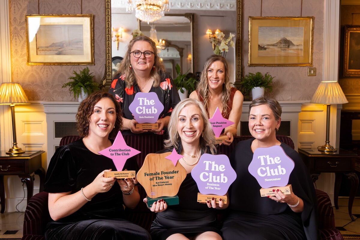 Kel Galavan of Mrs Smart Money, winner of the overall Female Founder of the Year award, and winner of Business of the Year award, pictured (centre), with other category winners, Amelia McNamara of Graceful Accounting, winner of the Contribution to The Club category; Fiona O'Donohoe of Away with Nature, winner of the Solo Business award; Cathy O'Byrne of The Swallow's Trail Parent Support, winner of Most Positive Impact award, and Jenny Douglas of The Good Moment Company, winner of the Newcomer award, at The Female Founder Awards 2025. Picture: Michael O'Sullivan / OSM PHOTO