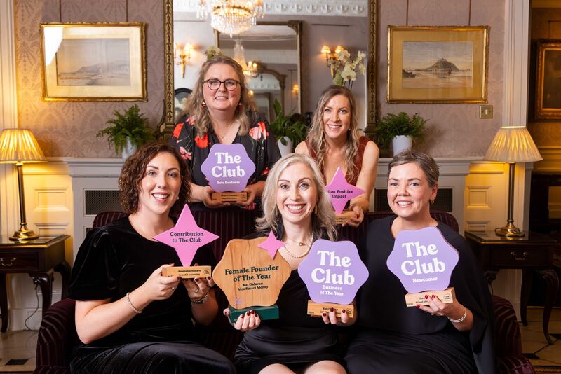 Kel Galavan of Mrs Smart Money, winner of the overall Female Founder of the Year award, and winner of Business of the Year award, pictured (centre), with other category winners, Amelia McNamara of Graceful Accounting, winner of the Contribution to The Club category; Fiona O'Donohoe of Away with Nature, winner of the Solo Business award; Cathy O'Byrne of The Swallow's Trail Parent Support, winner of Most Positive Impact award, and Jenny Douglas of The Good Moment Company, winner of the Newcomer award, at The Female Founder Awards 2025. Picture: Michael O'Sullivan / OSM PHOTO