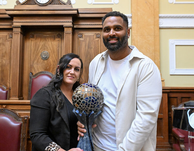 Charlene O'Connell and Carleton Cuff with the Super League trophy. Pic: Brian Lougheed Charlene O'Connell and Carleton Cuff with the Super League trophy. Pic: Brian Lougheed