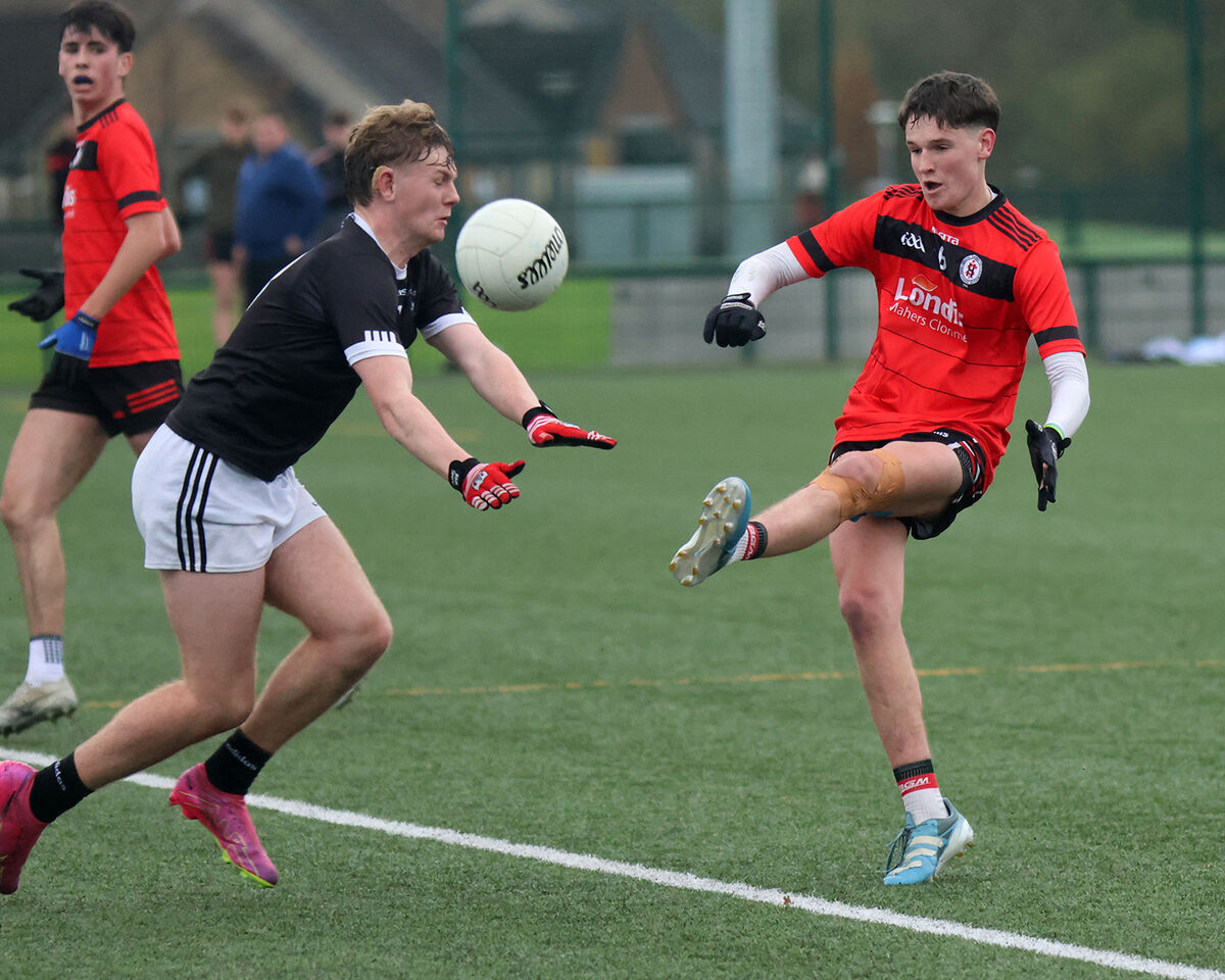 Paddy Spelman, Clonmel High School, clearing the ball against Jack O'Brien, St Francis College Rochestown. Picture: Brendan Gleeson Paddy Spelman, Clonmel High School, clearing the ball against Jack O'Brien, St Francis College Rochestown. Picture: Brendan Gleeson
