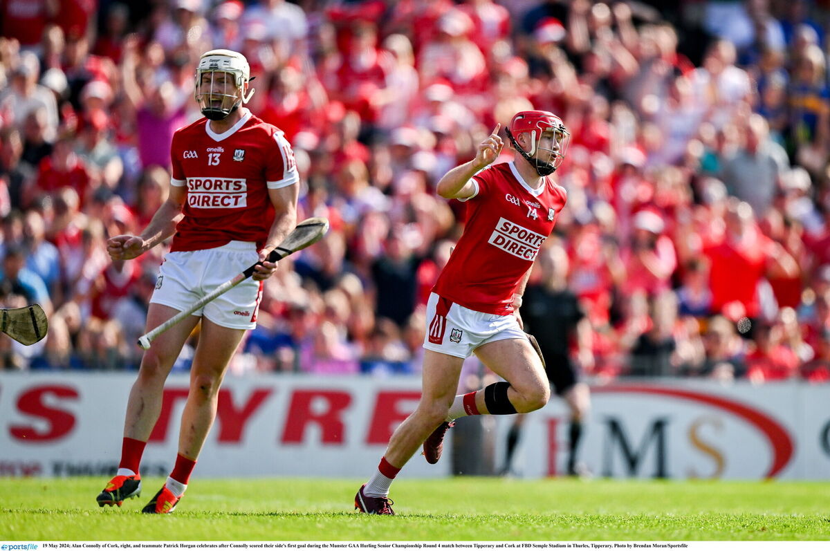 Alan Connolly and Patrick Horgan celebrate Connolly's goal against Tipperary in 2024. Picture: Brendan Moran/Sportsfile