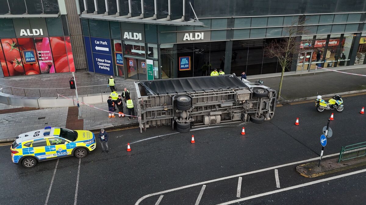  Overturned rigid truck went over onto the footpath outside Aldi at The Elysian, Cork on Thursday picture: Larry Cummins