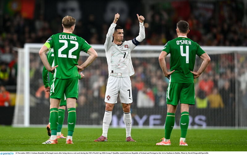 Cristiano Ronaldo reacts after being shown a red card against Ireland. Picture: David Fitzgerald/Sportsfile