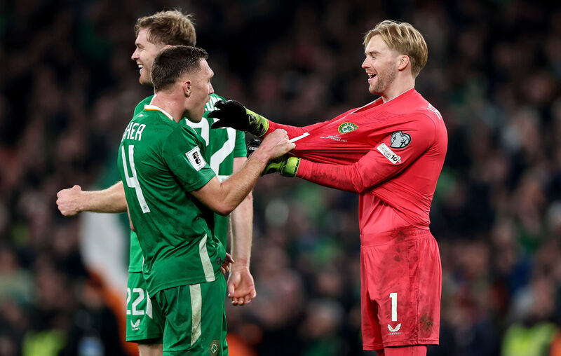 Ireland's Caoimhin Kelleher and Dara O'Shea celebrate after the Portugal match Ireland's Caoimhin Kelleher and Dara O'Shea celebrate after the Portugal match