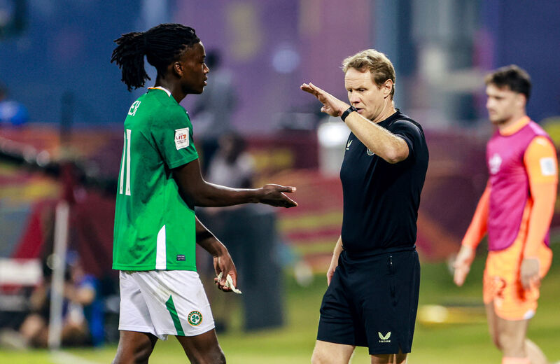 Ireland’s Jaden Umeh and head coach Colin O'Brien celebrate after the U17 Paraguay game Ireland’s Jaden Umeh and head coach Colin O'Brien celebrate after the U17 Paraguay game