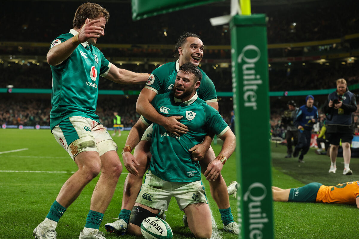 Ireland’s Robbie Henshaw celebrates scoring his side's sixth try of the match with James Lowe and Cian Prendergast. Picture: INPHO/Gary Carr Ireland’s Robbie Henshaw celebrates scoring his side's sixth try of the match with James Lowe and Cian Prendergast. Picture: INPHO/Gary Carr