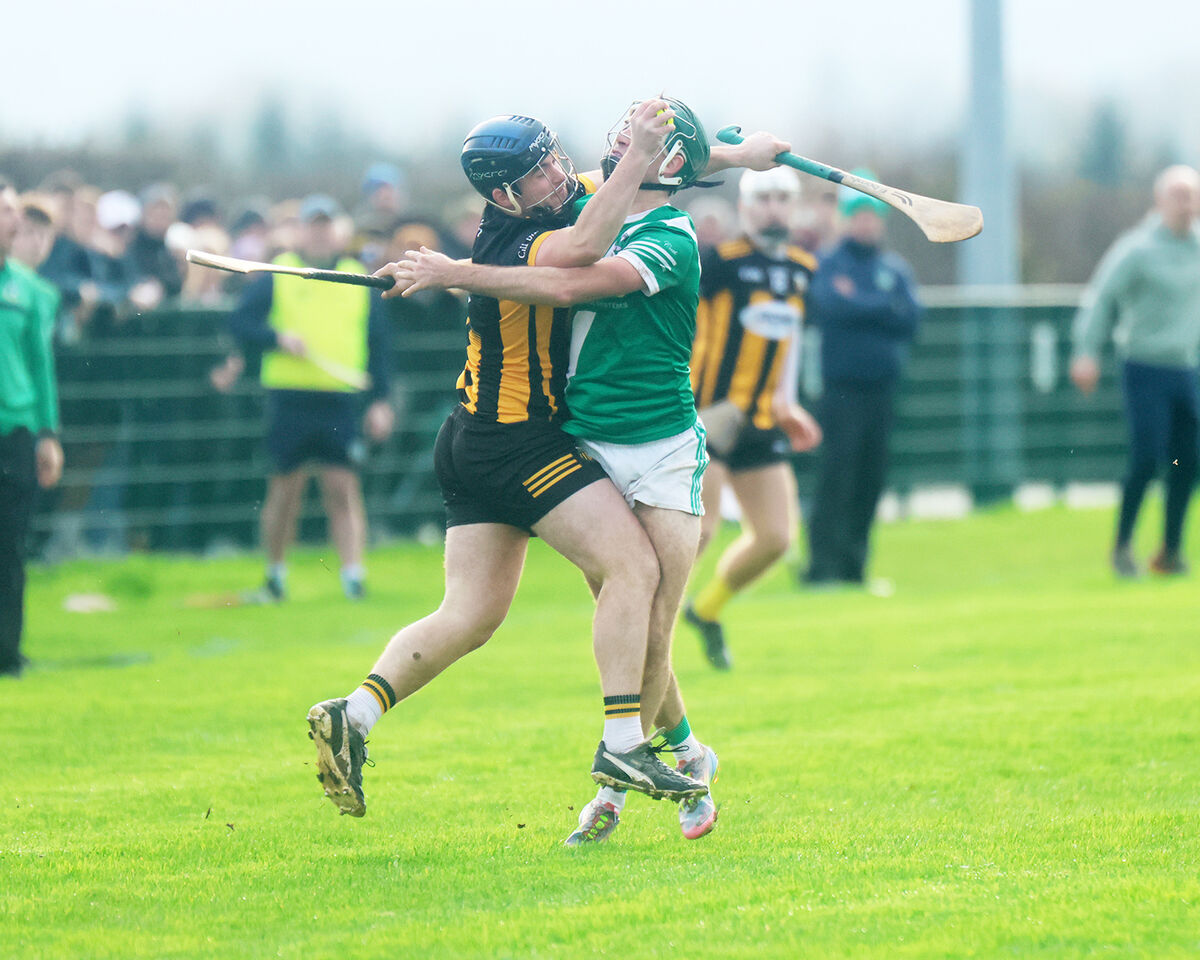 Colm Sheehan, Kilbrittain, and Mike Molloy, Knockaderry, clashing for the sliotar. Picture: Brendan Gleeson