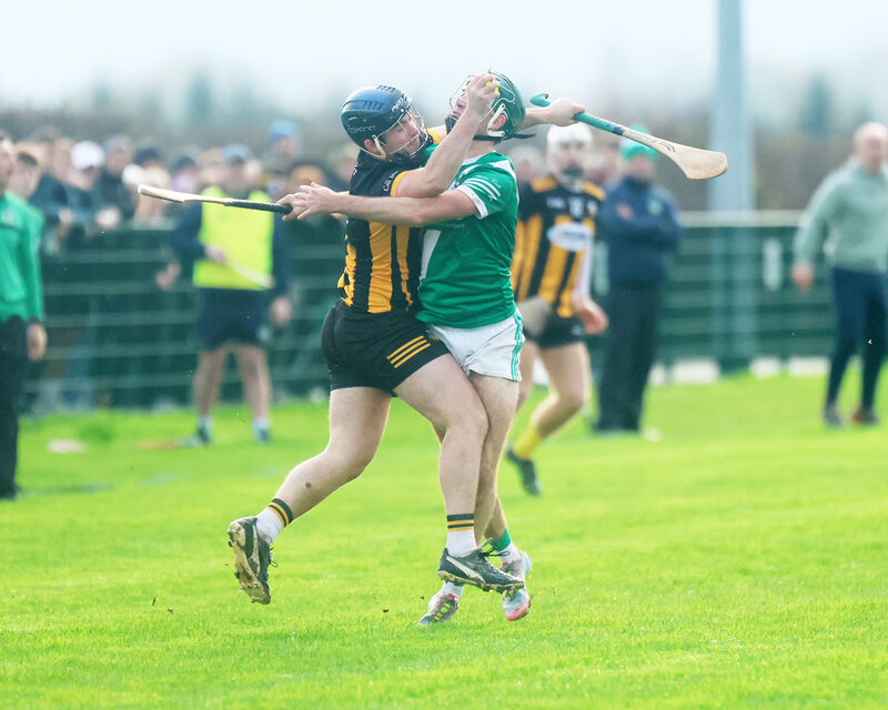 Colm Sheehan, Kilbrittain, and Mike Molloy, Knockaderry, clashing for the sliotar. Picture: Brendan Gleeson Colm Sheehan, Kilbrittain, and Mike Molloy, Knockaderry, clashing for the sliotar. Picture: Brendan Gleeson