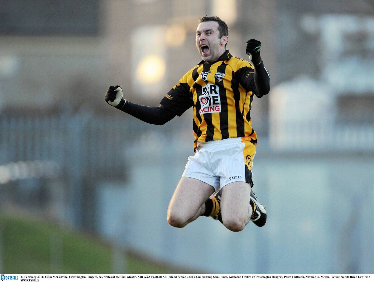 Oisín McConville, Crossmaglen Rangers legend celebrates. Picture: Brian Lawless/SPORTSFILE