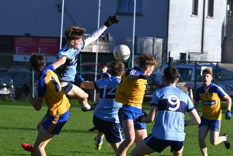 Clonakilty Community College players Michael Collins and Conrad Murphy going highest to win this ball from Jack Browne, De La Salle College, Macroom. Picture: Dan Linehan Clonakilty Community College players Michael Collins and Conrad Murphy going highest to win this ball from Jack Browne, De La Salle College, Macroom. Picture: Dan Linehan