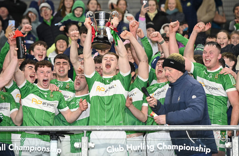 Aghabullogue captain Paul Ring raises the Paddy Walsh Cup after defeating Bandon in the Co-Op SuperStores IAHC final. Picture: Eddie O'Hare
