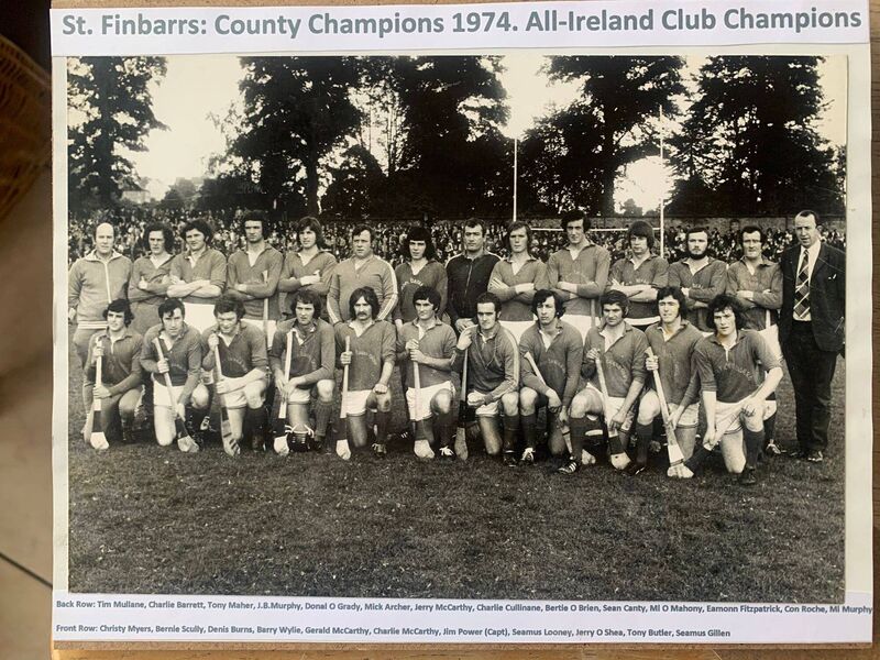 St Finbarr's County (1974) and All-Ireland Champions 1975: Back row: T Mullane, C Barrett, T Maher, J B Murphy, D O’Grady, M Archer, Jerry McCarthy, C Cullinane, B O’Brien, S Canty, M O’Mahony, E Fitzpatrick, C Roche, M Murphy. Front row: C Myers, B Scully, D Burns, B Wylie, G McCarthy, C McCarthy, J Power, S Looney, J O’Shea, T Butler, S Gillen. As All-Ireland Champions they were defeated by Seandún in 1975 who were later eliminated by County Champions Blackrock in the semi-final. PC 
