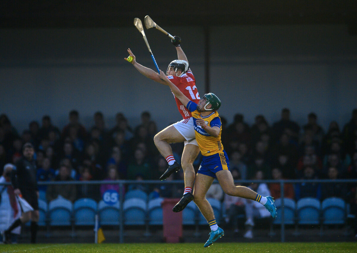 Barry Walsh of Cork going highest to win the ball from James McCarthy of Clare in the Munster U20 HC game at Sixmilebridge this year. Picture: Dan Linehan Barry Walsh of Cork going highest to win the ball from James McCarthy of Clare in the Munster U20 HC game at Sixmilebridge this year. Picture: Dan Linehan