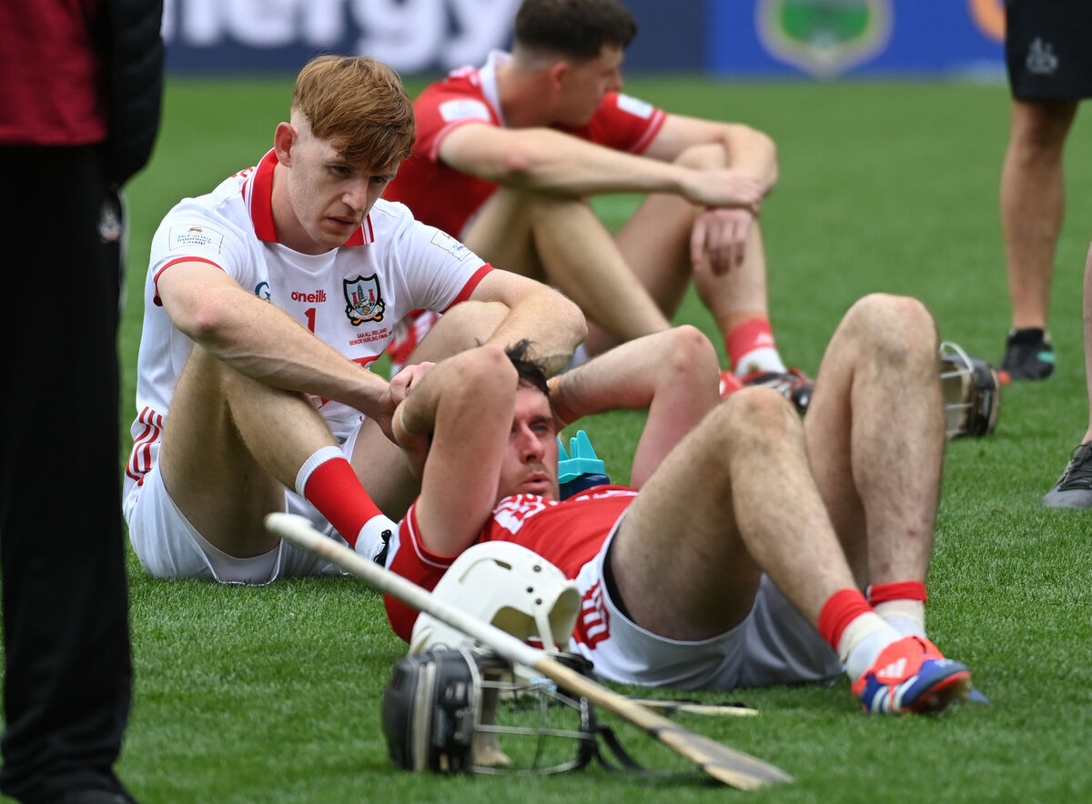 Cork's Patrick Collins and Tim O'Mahony after the defeat to Tipperary in the All-Ireland SHC final. Picture: Eddie O'Hare