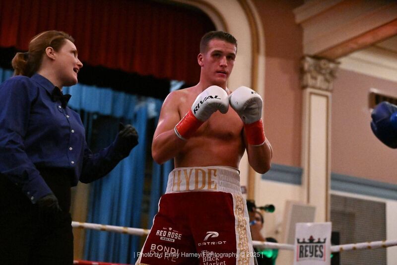 Tommy Hyde on his way to victory against Patrick Allotey. Tommy Hyde on his way to victory against Patrick Allotey.