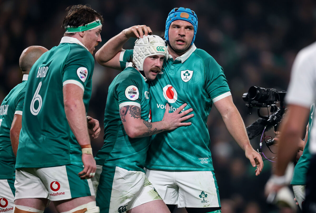 Ireland’s Mack Hansen celebrates with Tadhg Beirne after one of his three tries against Australia. Picture: INPHO/Nick Elliott