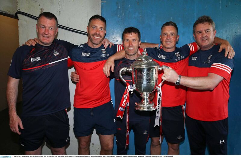 Ben O'Connor, centre, with his coaching staff after the U20 All-Ireland win in 2023. Picture: Michael P Ryan/Sportsfile