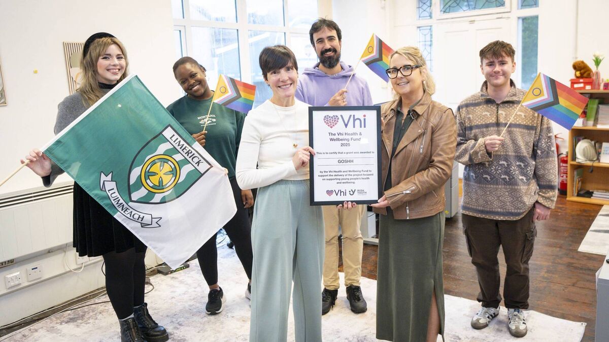 Pictured L-R: Goshh team members Roisin O'Connor, Temilolu Ojuawo, Varena Tarpey, David Campo; Karen Yelverton, corporate account manager at Vhi; and Cian Guerin, Goshh. Photograph: Don Moloney