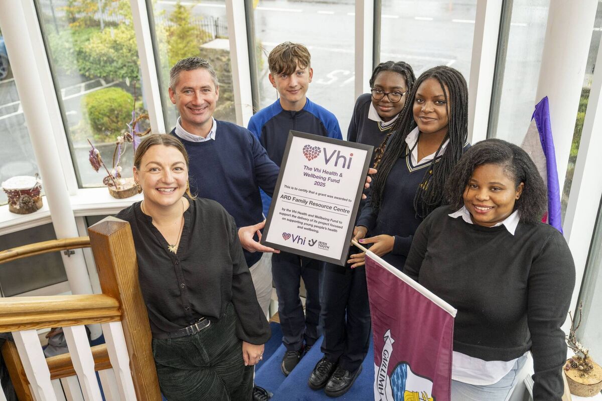 Natasha Muldoon, global citizenship education programme co-ordinator and youth worker at Ard Family Resource Centre; Mark Kerins, Vhi;Mateusz Kłodowski; Believe Bolatumba Mpete; Kylie Ogosi Ejoh; and Nike Monisola Awoyemi. Photograph: Andrew Downes/Xposure