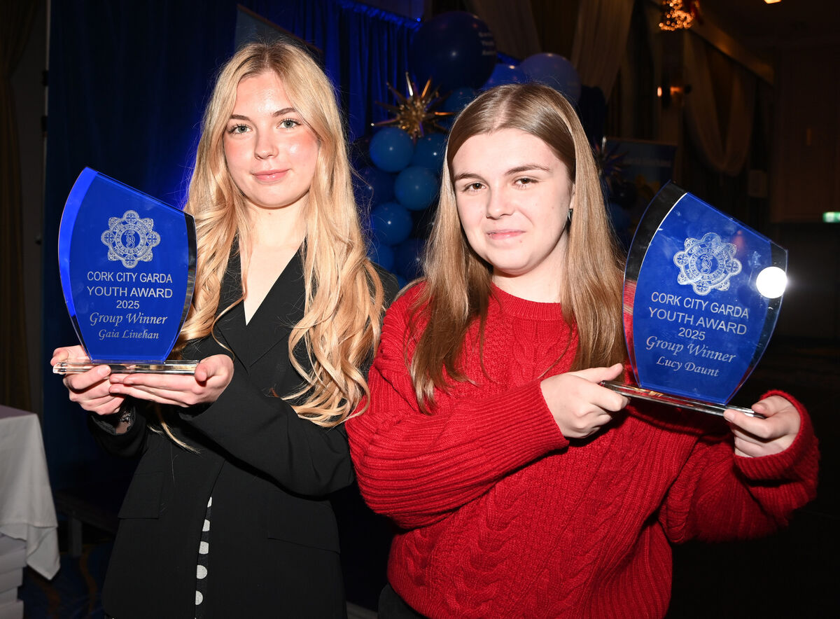Gaia Linehan (left) and Lucy Daunt group award winners at the Cork City Garda Youth awards 2025 at the Rochestown park hotel. Picture; Eddie O'Hare