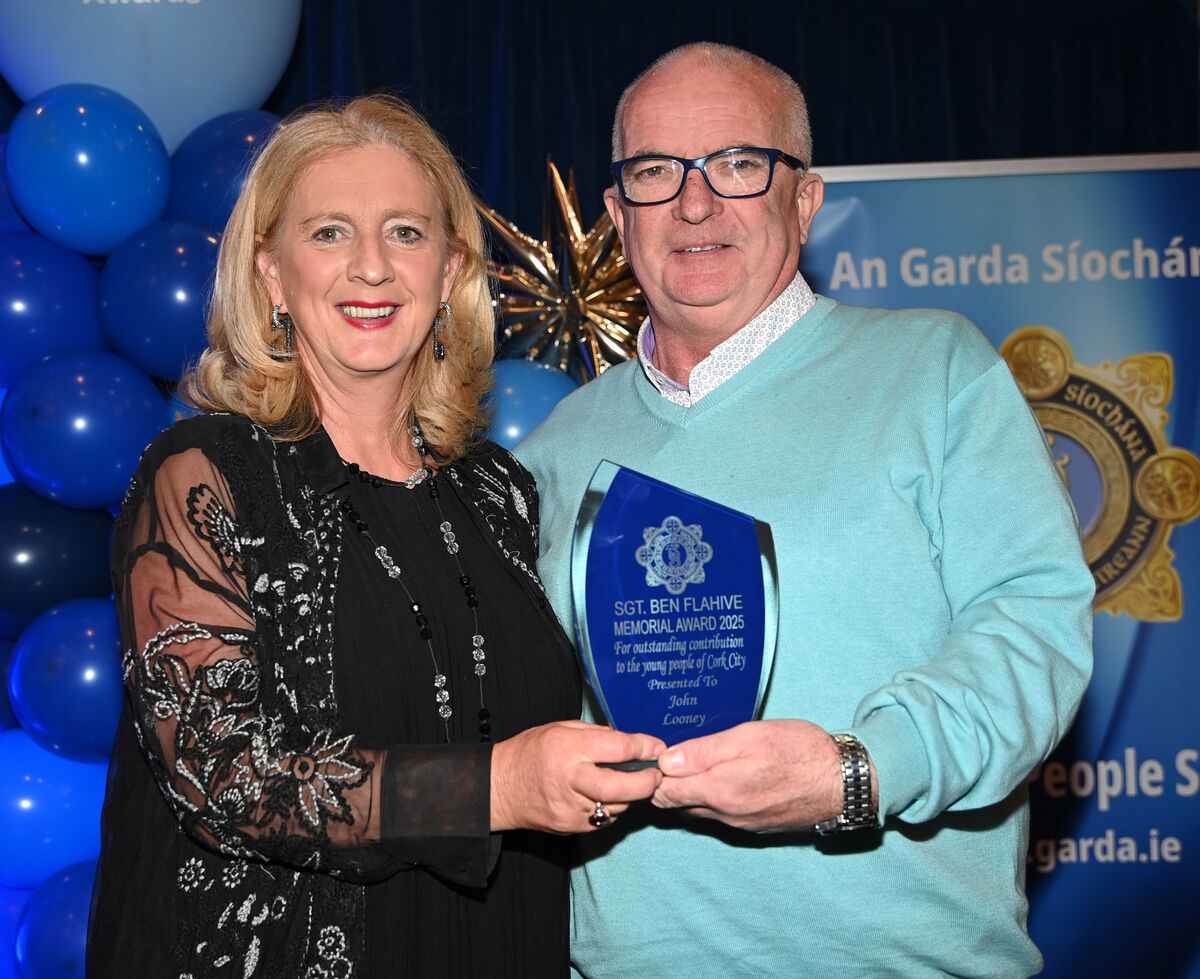 Pauline Flahive presents the Sgt. Ben Flahive memorial award to John Looney, at the Cork City Garda Youth awards 2025 at the Rochestown park hotel. Picture; Eddie O'Hare