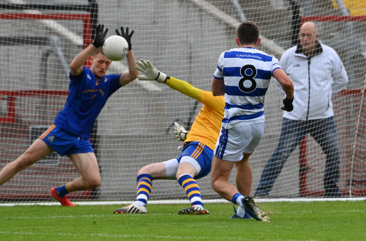 St Finbarr's Sam Ryan saves on the line from Castlehaven's Mark Collins during the 2022 Premier SFC semi-final. Picture: Eddie O'Hare