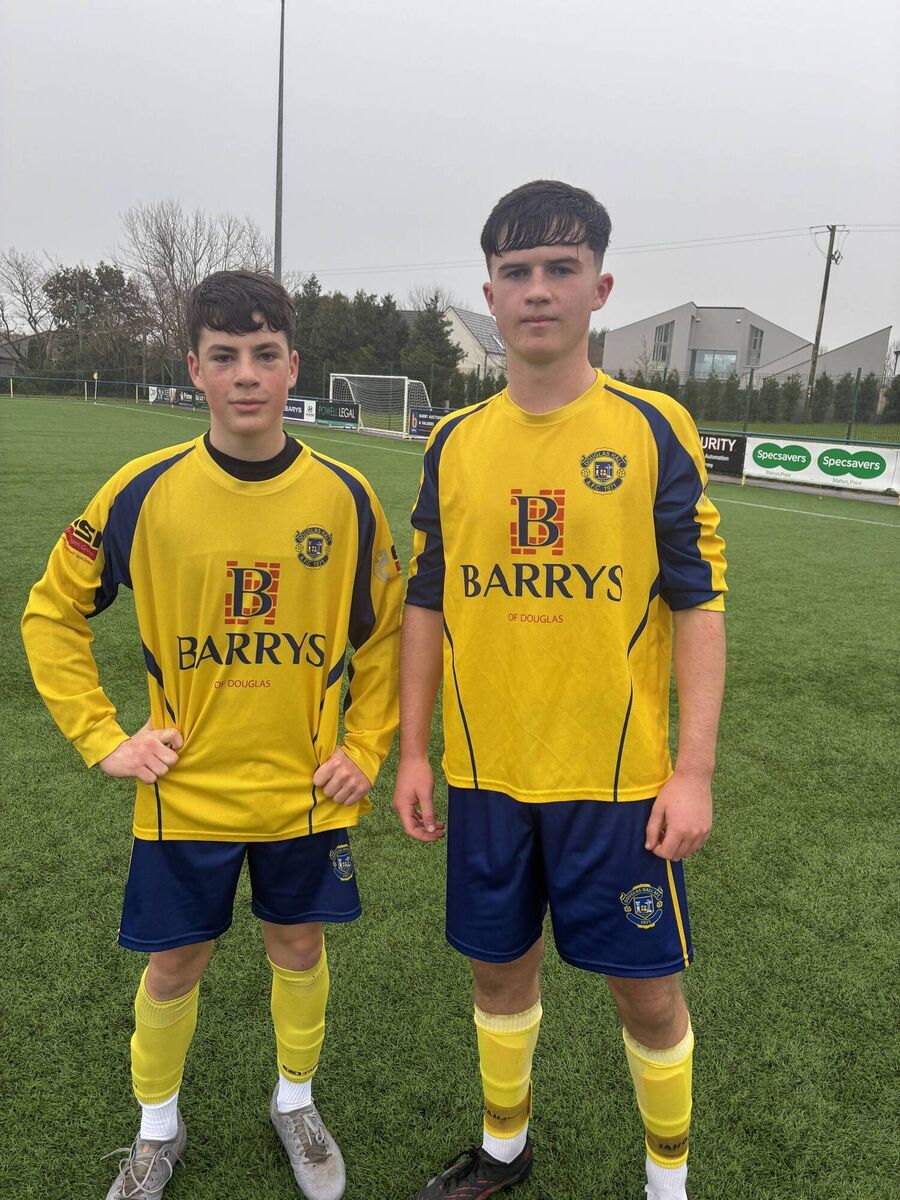 Douglas Hall’s goal scorers Tom Collins and Finn Doyle after their U17 Gussie Walsh cup game against Kinsale at Moneygourney last Saturday afternoon.