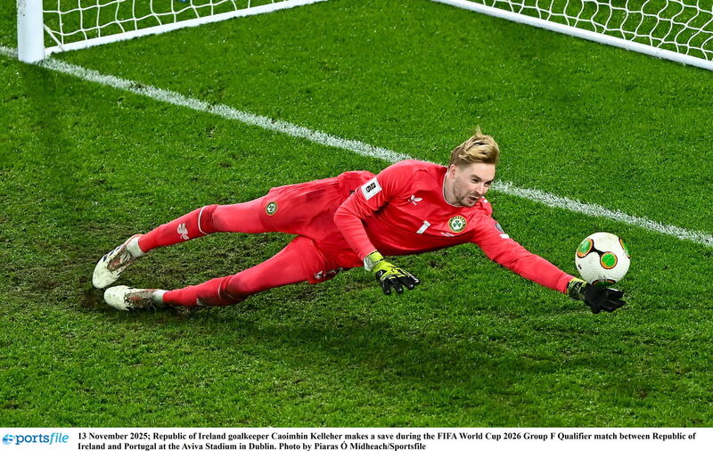 Republic of Ireland goalkeeper Caoimhín Kelleher makes a save against Portugal. Picture: Piaras Ó Mídheach/Sportsfile