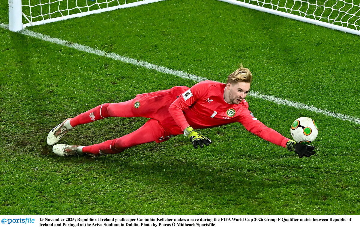 Republic of Ireland goalkeeper Caoimhín Kelleher makes a save against Portugal. Picture: Piaras Ó Mídheach/Sportsfile