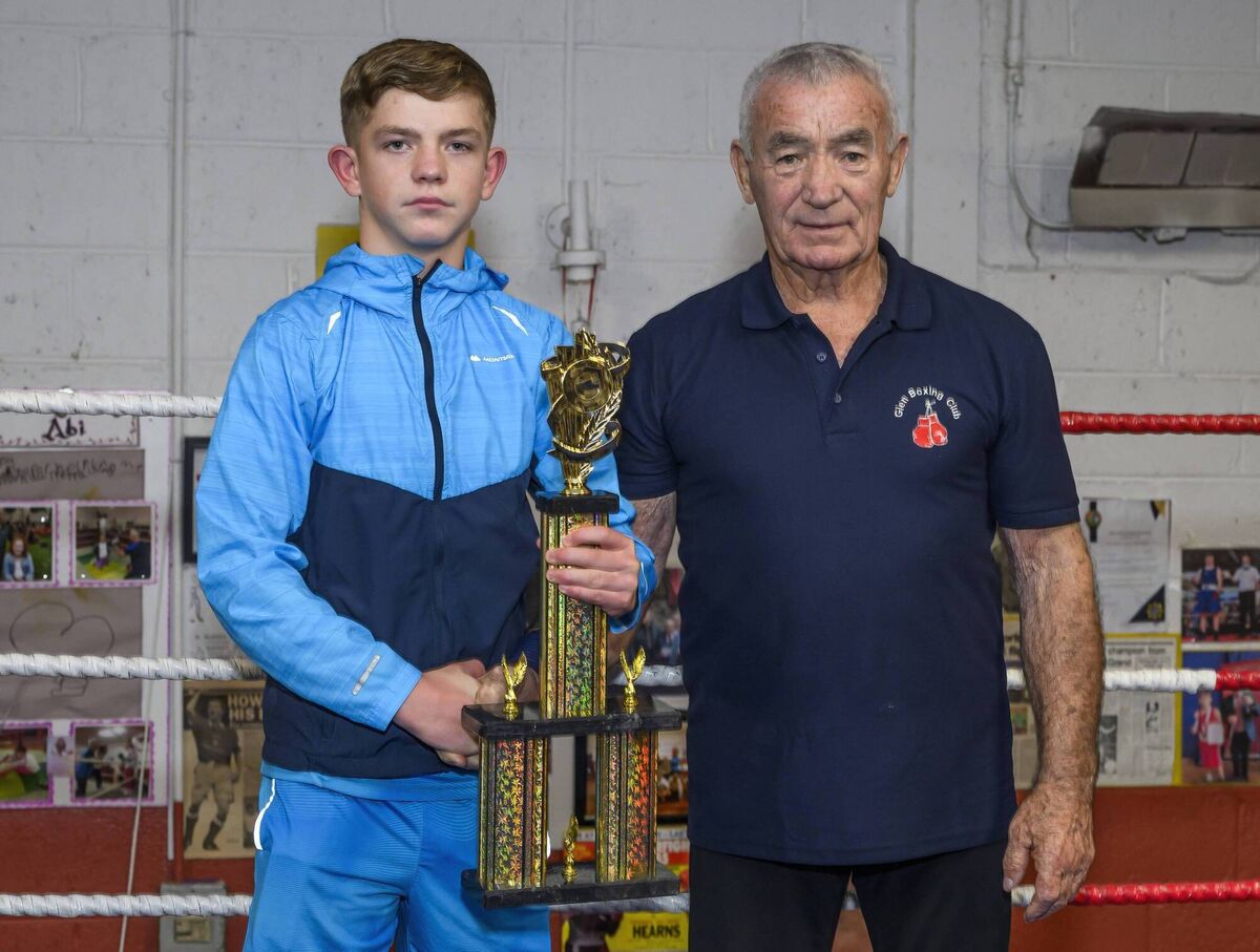 Cork Boxing: Glen BC head coach presenting the Best Boxer trophy named in his honour to Michael O’Reilly from Togher BC. Picture: Doug Minihane Cork Boxing: Glen BC head coach presenting the Best Boxer trophy named in his honour to Michael O’Reilly from Togher BC. Picture: Doug Minihane