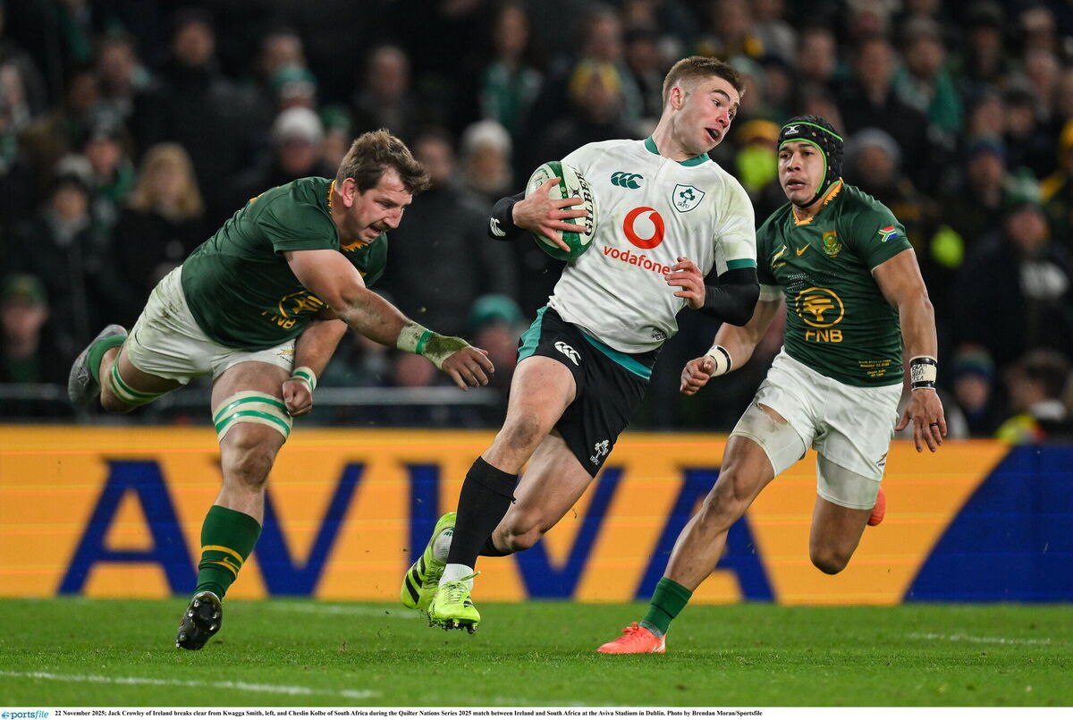 Jack Crowley of Ireland breaks clear from Kwagga Smith and Cheslin Kolbe of South Africa. Picture: Brendan Moran/Sportsfile