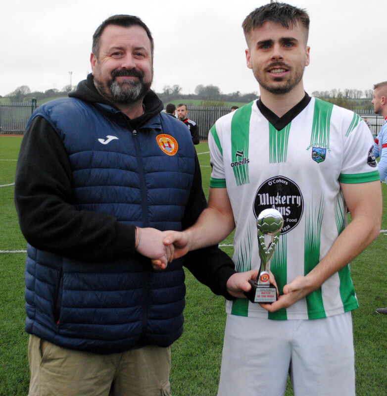 Paul Pepper presents the Man of the Match, sponsored by Gary McCarthy Trophies, to Waterloo's Jack O'Keeffe. Picture: Barry Peelo.