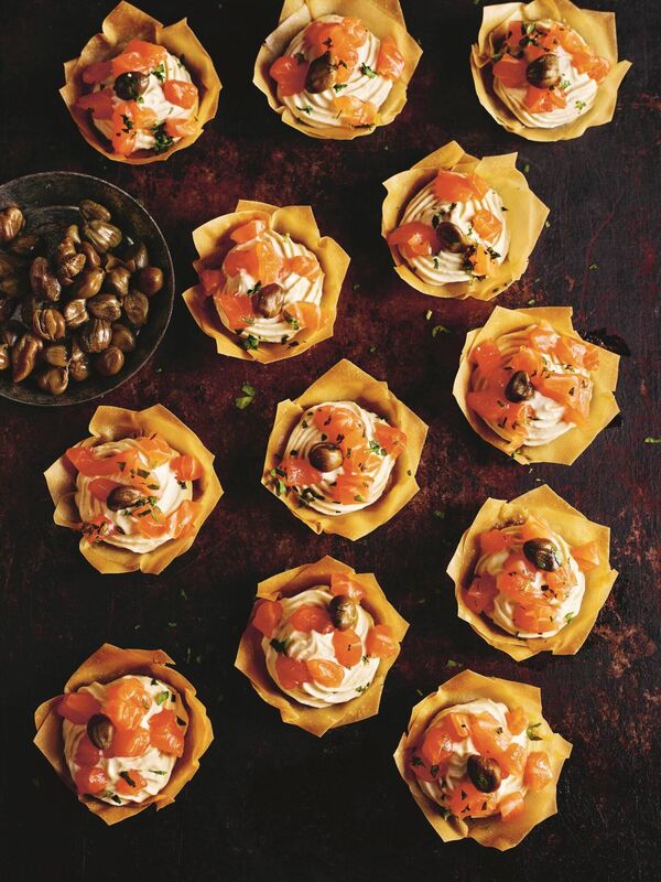 Rick Stein's filo tartlets with raw salmon, wasabi cream and capers. Picture: James Murphy/PA 