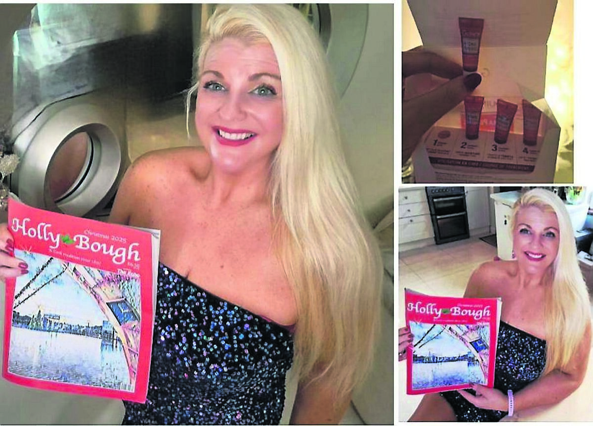 Emer O’Callaghan with this year’s Holly Bough, which contains her beauty advice, wearing a dress from Monsoon, tan is Guinot Tinted Body Cream. Emer’s make-up is Master Colors Paris. Also pictured is her Product of the Week, Guinot 4 Week Hydra Peeling Concentrates, €97, all products mentioned available at Emerald Beauty Clinic