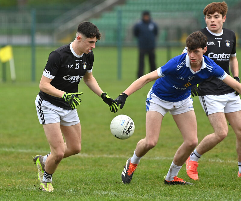  Pádraig McGrath, St Francis College, Rochestown winning this ball from Darragh Monaghan, St Flannan's College, Ennis in their Corn Uí Mhuirí Group 1 match at the Mick Neville Park, Rathkeale. Picture Dan Linehan