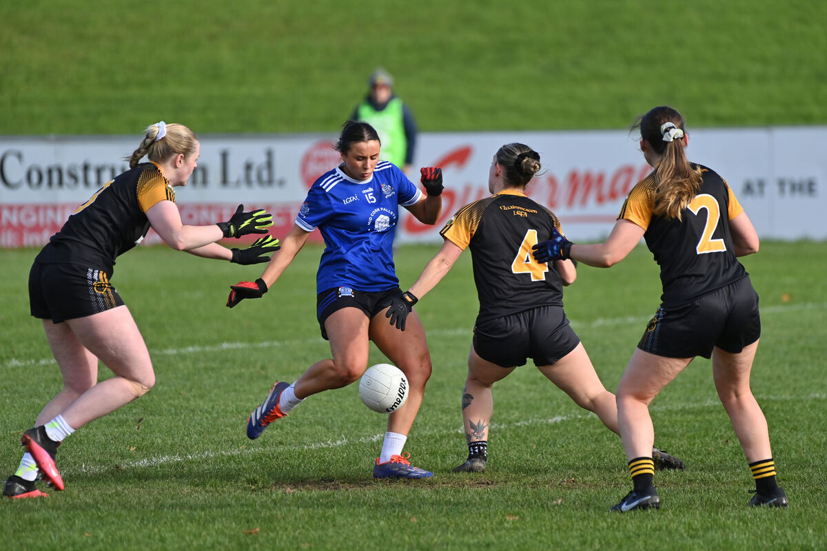 Lydia McDonagh, Naomh Abán, getting in a shot on goal surrounded by Clounmacon Moyvane players in the Munster Ladies Football Intermediate final. She will be one of the players they will look to on Sunday in the All-Ireland semi-final. Picture: Dan Linehan