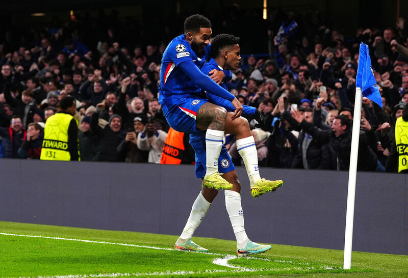 Chelsea's Estevao celebrates scoring the side's second goal of the game with team-mate Reece James during the UEFA Champions League match against Barcelona at Stamford Bridge, London. Picture: Bradley Collyer/PA Wire