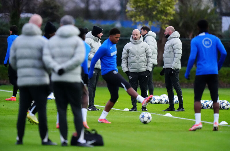 Chelsea manager Enzo Maresca (centre) during a training session at Cobham Training Ground, London. Picture: Bradley Collyer/PA Wire.