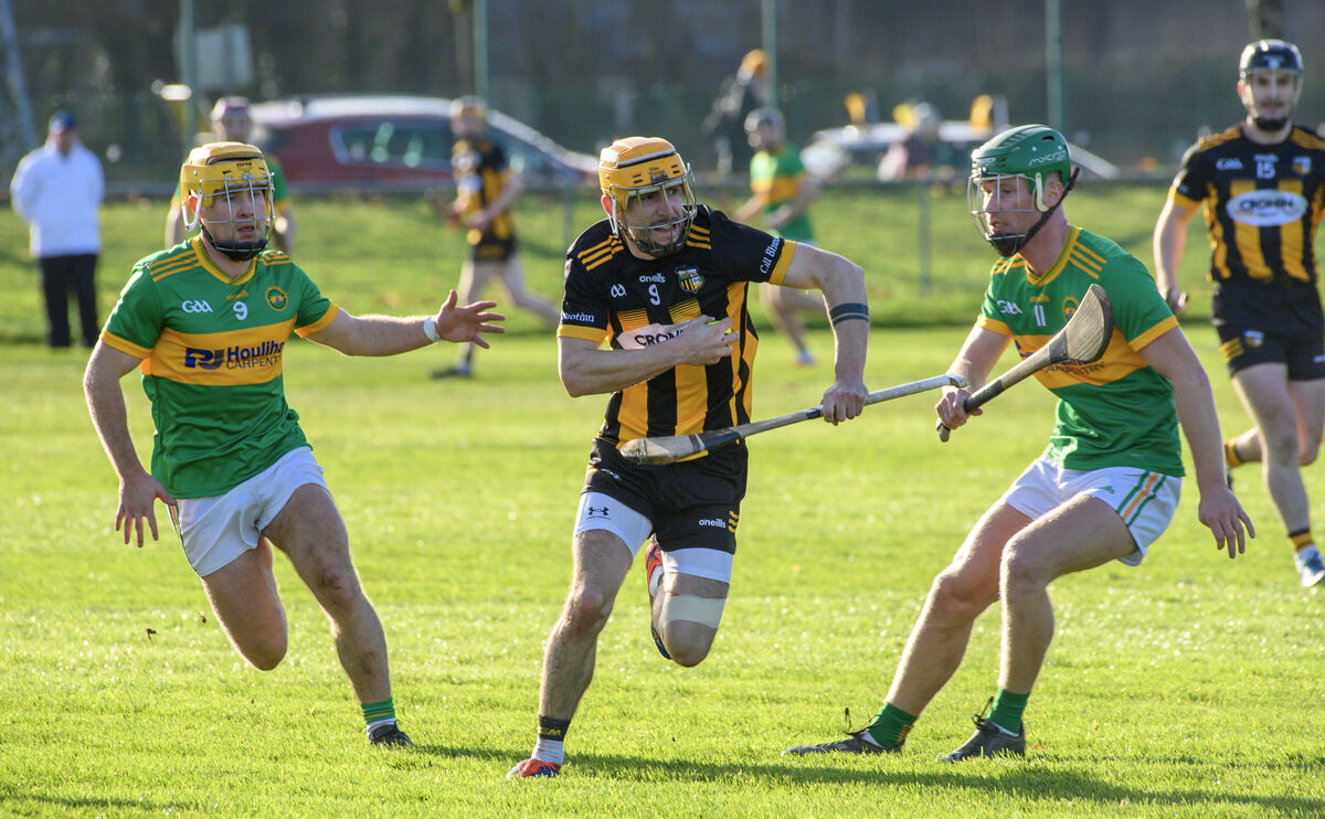 Kilbrittain's Josh O'Donovan breaking between Kilrossanty players Frankie de Paor and Eoin Power. Picture: Dan Linehan