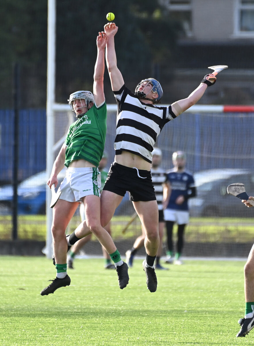Midleton's Conor Morley and Ballincollig's Theo Morgan go high for the sliotar. Picture: Eddie O'Hare