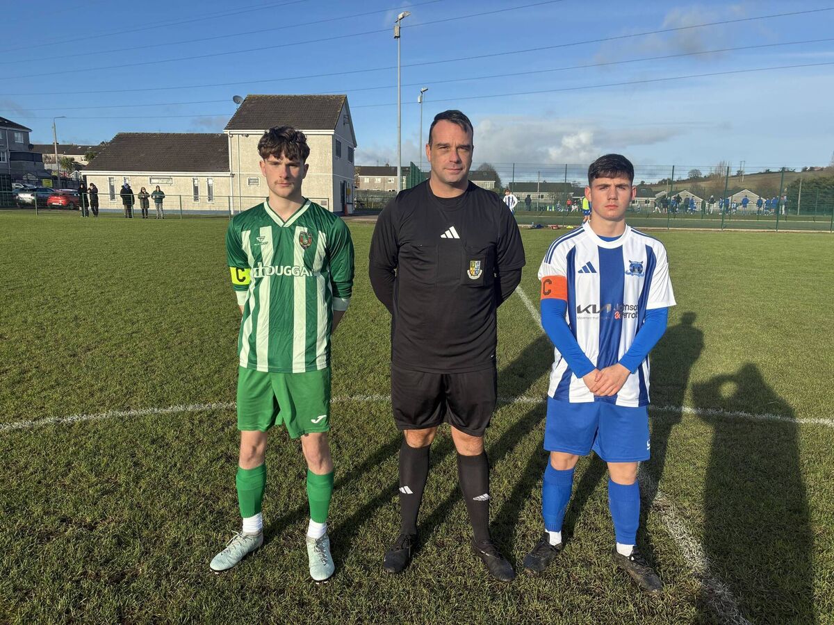 Passage captain Jack McMahon, referee James Creamer and Leeds captain Liam Waters before their U17 Premier League game at Leeds Park last Saturday evening. Passage captain Jack McMahon, referee James Creamer and Leeds captain Liam Waters before their U17 Premier League game at Leeds Park last Saturday evening.