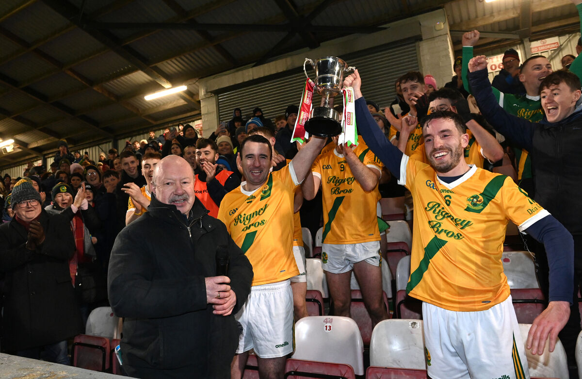  Joint team captains Pa Cullinane and Warren McCarthy lift the cup for Dungourney after the win in the Co-Op Superstores Junior B Hurling Championship final: Newtownshandrum vs Dungourney at Pairc Ui Rinn on Saturday. Picture: Larry Cummins