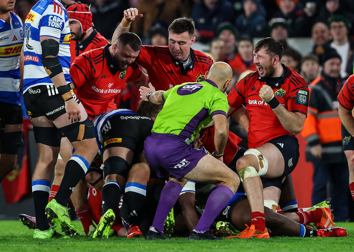 Munster vs DHL Stormers: Munster's Tom Ahern celebrates winning a penalty at the maul