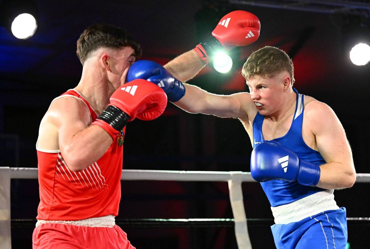 Danny Lucey of Rylane BC Cork in action against Michael McCarthy of Portlaoise BC on the undercard of the Nowhere2Hyde Revolution pro boxing show held at the Parochial Hall, Cork on Saturday November 29th. Picture: Doug Minihane 