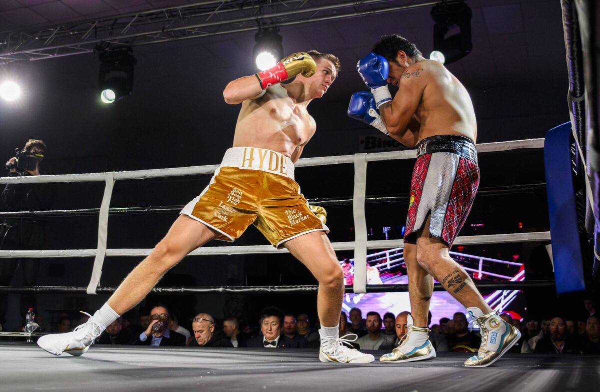 Cork's Tommy Hyde goes on the attack against Paul Valenzuela Jnr of Mexico during the Nowhere2Hyde Revolution pro boxing show held at the Parochial Hall, Cork