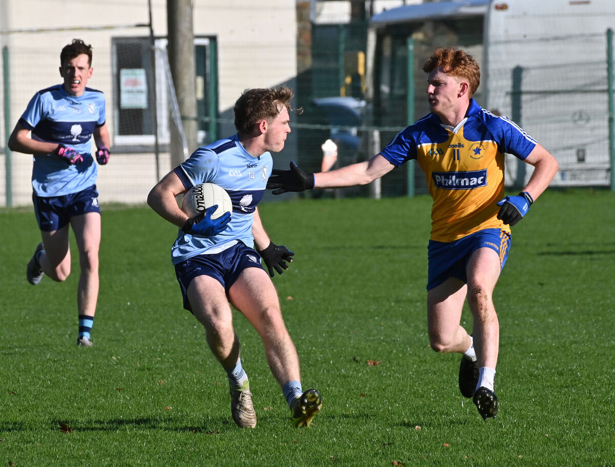  Conrad Murphy of Clonakilty Community College looking to go past Tim Sweeney of De La Salle College during the Simcox Cup semi-final. Picture: Dan Linehan