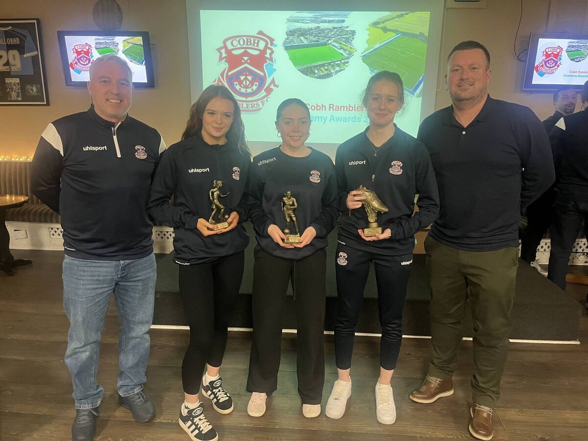 Cobh Ramblers coaches Jimmy Quinlan and Eoin Kelly with award winners Ciara O’Keeffe, Jane Finlay and Alice Ahmeti. 
